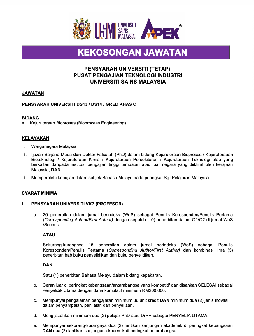 First page of the Bioprocess Engineering Job Advertisement.