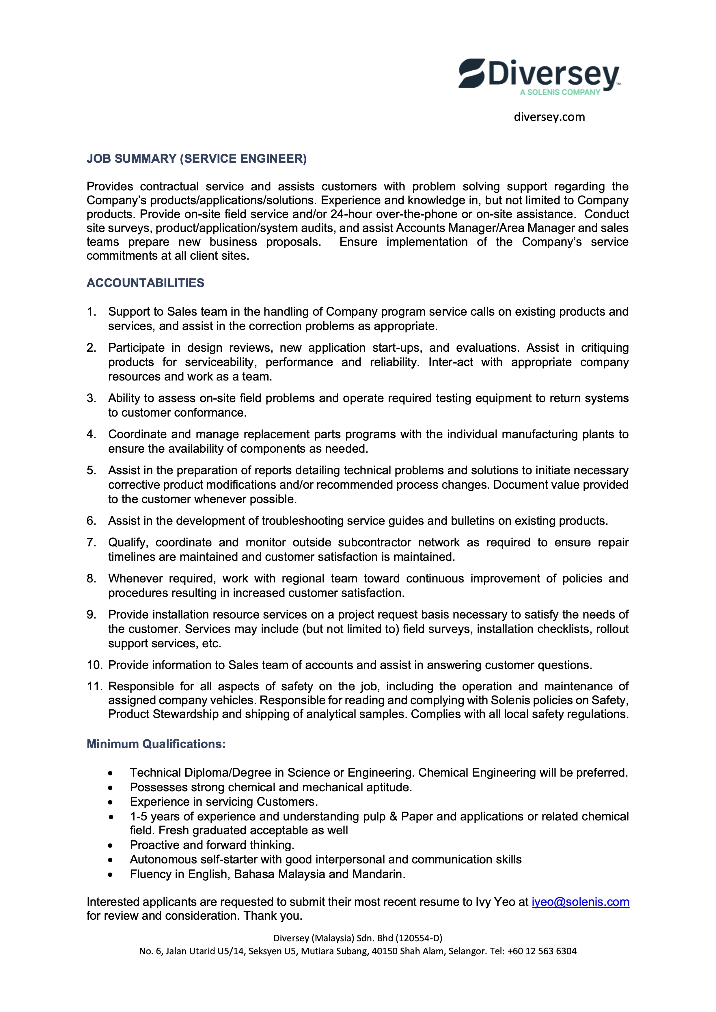 Job Description JD Field Service Engineer MY